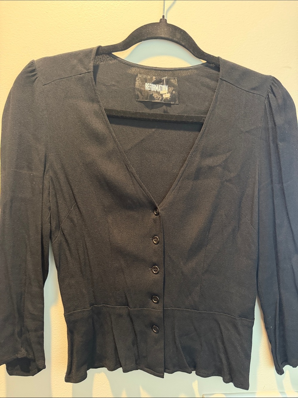 Reformation Black Long-Sleeve V-Neck Button Peplum Top Dress